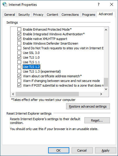Internet Properties dialog on the Advanced tab, with the Use TLS 1.2 checkbox unchecked and highlighted.